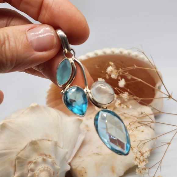 Silver 925 Pendant Blue Topaz /Natural Rutilated Quartz - Picture 6 of 7